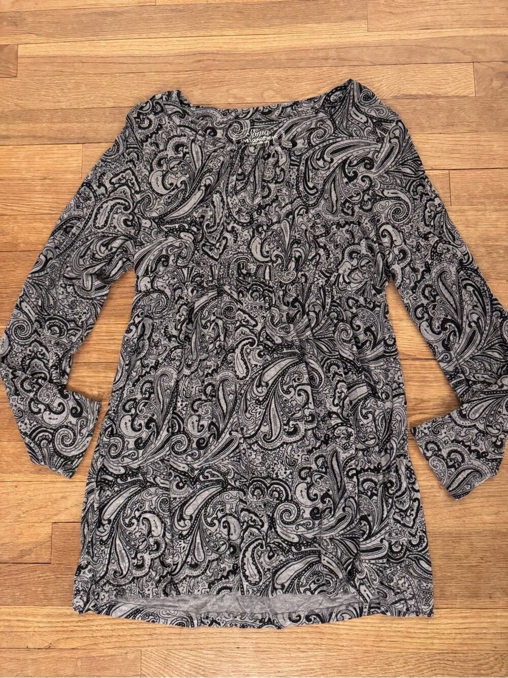 Soma Women's Black Gray Paisley Long Sleeve Mini Dress - Size Large
b21